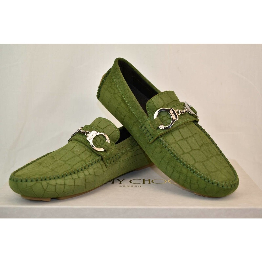 JIMMY CHOO BROGAN LIGHT OLIVE CROC PRINT SUEDE HANDCUFF DRIVING LOAFERS 40.5 7.5